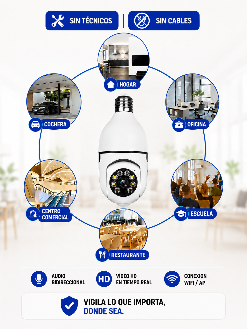 Cámara de Seguridad Inteligente Wifi 360° - con Visión Nocturna