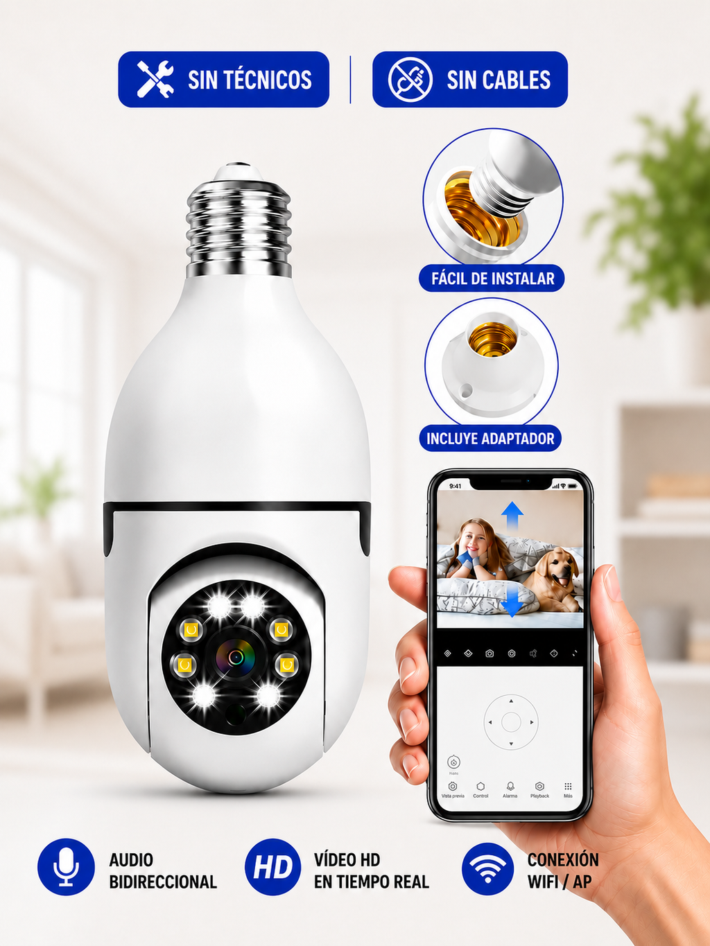 Cámara de Seguridad Inteligente Wifi 360° - con Visión Nocturna