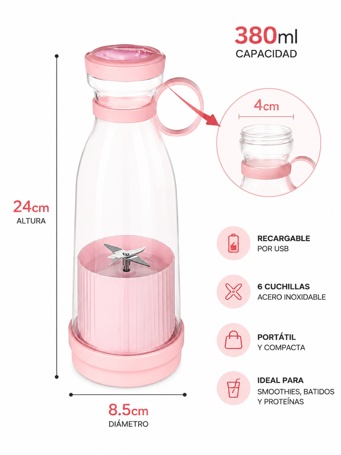 Licuadora Portátil Recargable 380ml - Smoothies Frescos en Segundos